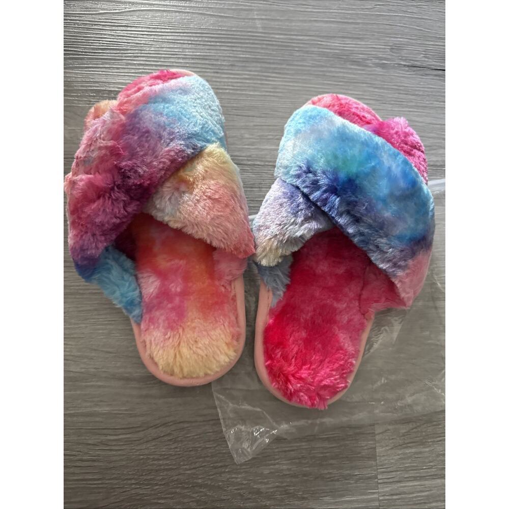 3 for $12 Rainbow Crossband Fuzzy Slippers, Size 5/6